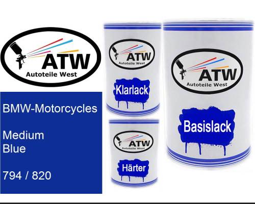 BMW-Motorcycles, Medium Blue, 794 / 820: 500ml Lackdose + 500ml Klarlack + 250ml Härter - Set, von ATW Autoteile West.